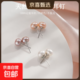 【999足银】天然淡水珍珠耳钉扁圆馒头纯银针耳环轻奢高级银耳饰 橘粉 天然淡水珍珠【 4mm 】一对