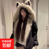 黑色麂皮毛领夹棉座山雕猫耳朵外套男女秋冬季加厚情侣装棉衣棉服 黑色 L