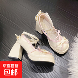 Lolita鞋气质玛丽珍防水台粗跟高跟鞋绑带蝴蝶结甜美少女洛丽塔鞋 米白色 37