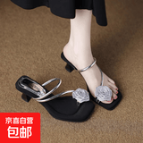 法式小众气质低跟凉拖鞋外穿女单鞋2026春秋新款粗跟套趾银色凉鞋 银色 35