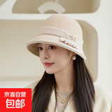 秋冬季新款渔夫帽女韩版优雅百搭显脸小盆帽英伦洋气保暖毛呢帽子 米色 均码