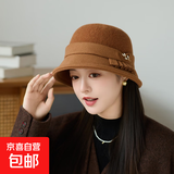 秋冬季新款渔夫帽女韩版优雅百搭显脸小盆帽英伦洋气保暖毛呢帽子 焦糖 均码