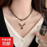 复古皮革虎眼石项链女中式叠戴小众颈链百搭锁骨链配饰送生日礼物 单层+双层组合两件套【2条装】