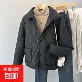 春秋季轻薄款女士新款小棉袄短款纯色翻领薄款外套棉衣女百搭棉服 黑色 3XL 建议110-125斤