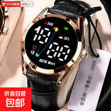 高颜值LED夜光电子手表石英表简约皮质表带初中高中学生时尚气质多功能时间显示运动电子表Y23 LED夜光+时间显示+升级款-质感黑皮