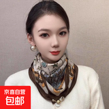 磁吸扣棉麻方巾围巾女护颈丝巾秋冬保暖百搭领巾懒人围脖小金球 七彩羽毛 68*68cm