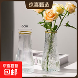 玻璃花瓶透明植物插花瓶水培容器大花瓶装饰客厅摆件 【热销】透明水波纹（17*5.5*8） 1个装