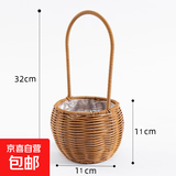 草编柳编藤编仿藤花盆插花月子鸡蛋花篮鲜花编织壁挂手提水果篮子 仿藤小号圆鼓提篮 色