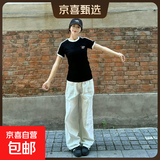 短袖t恤女2025夏季新款纯棉修身显瘦条纹小个子半袖休闲运动上衣 黑色 M