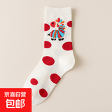 新年红色袜子女中筒秋冬加厚保暖卡通长筒马年鸿运运动百搭 彩虹马 波点马 1双 均码