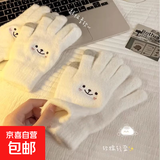 手套女学生冬季韩版可爱加绒加厚保暖骑车五指防寒保暖棉手套 白色【升级双层加厚可触屏】