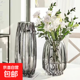 北欧轻奢玻璃花瓶透明客厅高级感插花水养鲜花装饰精致花器摆件 【烟灰组合】20高+27高璀璨