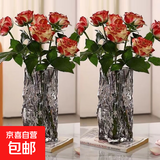 轻奢玻璃花瓶客厅插花高级感水培透明水养创意简约桌面装饰摆件 【烟灰两件套】17高轻奢冰岩