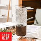 简约创意复古木托玻璃花瓶直筒插干花瓶富贵竹大花瓶客厅装饰摆件 【大号透明描金】木托冰川纹花瓶