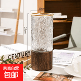 简约创意复古木托玻璃花瓶直筒插干花瓶富贵竹大花瓶客厅装饰摆件 【大号透明】木托冰川纹花瓶