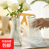 玻璃花瓶透明植物插花瓶水培容器大花瓶装饰客厅摆件 透明竖条纹（17*5.5*8） 1个装