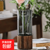 简约创意复古木托玻璃花瓶直筒插干花瓶富贵竹大花瓶客厅装饰摆件 【大号烟灰】木托光板花瓶