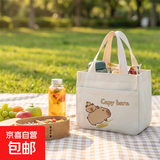 时尚便当包立体方型日系简约手拎包上班通勤包卡通百搭帆布手提包 白色卡皮巴拉