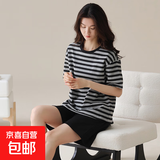 纯棉睡衣女夏短袖套装韩版可爱夏短裤卡通休闲季家居服2025年新款 黑灰条纹 2XL 【140-160斤】