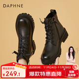达芙妮马丁靴女新款牛皮英伦粗高跟女靴加绒皮靴女鞋422104611W W绒黑37