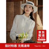 茵曼法式木耳边提花女装立领衬衫t恤显瘦泡泡袖衬衣上衣 米白色 XL