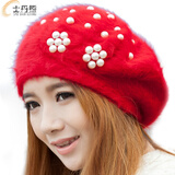 士丹熊保暖帽 秋冬季兔毛帽子女针织毛线帽防风加厚保暖韩国潮 红色
