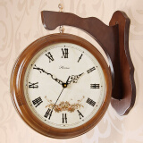 汉时（Hense）欧式双面挂钟客厅创意现代两面时钟时尚创意木质挂表石英钟HDS17 A款棕色中号