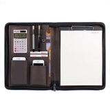 朗捷 商务A4皮质文件夹拉链包 多功能销售夹 销讲资料夹经理夹带计算器 12位太阳能计算器+古铜色