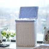 宜然家居 藤编脏衣篮 带盖脏衣服收纳筐脏衣篓洗衣篮 白色筐+蓝白格里布 小号