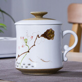 九楼阁 景德镇亚光陶瓷手绘茶杯 有手柄 带过滤男 女办公杯带盖380ml 莲蓬 不带礼盒