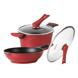 Didinika锅具套装麦饭石不粘炒锅汤锅两件套装锅带木铲蒸架 红色（炒锅+汤锅） 2件套