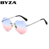 BYZA女士太阳镜 多边形网红同款太阳眼镜时尚韩版个性潮人墨镜大脸显瘦新款切边眼镜 渐变蓝粉片