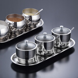 onlycook 调料罐304不锈钢调味罐 家用厨房玻璃盖盐罐香料辣椒佐料罐套装 直筒3件套+底座