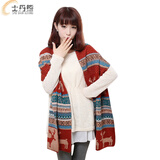 士丹熊围巾 韩版时尚围脖秋冬季新款男女学生毛线针织双面小鹿情侣加厚保暖围巾 红卡其色