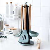 川岛屋 日式硅胶锅铲套装厨房耐高温木柄铲子不粘锅炒菜铲锅铲漏勺汤勺 硅胶厨房5件套配挂架(绿色)