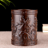 铁圈礼业黑檀木雕笔筒红木办公室摆件笔筒实木书房书桌摆设教师节礼物实用 喜鹊登梅笔筒