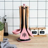 川岛屋 日式硅胶锅铲套装厨房耐高温木柄铲子不粘锅炒菜铲锅铲漏勺汤勺 硅胶厨房5件套配挂架(粉色)