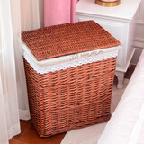 宜然家居 藤编脏衣篮 带盖脏衣服收纳筐脏衣篓洗衣篮 棕色筐+刺绣里布 大号