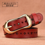 Hebenshijia/赫本世家皮带女士真皮韩版纯牛皮针扣简约百搭镂空装饰腰带细学生牛仔裤带 魅力珊瑚红