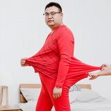 艾西拉亚大码男士秋衣秋裤套装胖爸爸加肥加大圆领纯棉中老年薄款线衣线裤 红色-格子 5XL 建议体重190-220斤