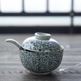 和风四季浅田釉下彩陶瓷碗日式餐具家用盖碗汤碗蒸碗泡饭碗餐厅摆台餐具 4.5英寸小号青花盖碗+小瓷勺