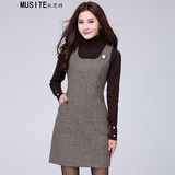 牧思特毛呢连衣裙年春秋季装韩版修身背心裙女装 咖啡格+黑毛衣 XXL
