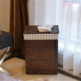 宜然家居 藤编脏衣篮 带盖脏衣服收纳筐脏衣篓洗衣篮 咖色筐+大方格里布 小号