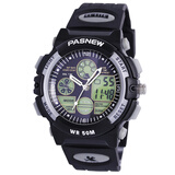 百圣牛（PASNEW）学生运动表闹铃表50米防水游泳手表指针数字双显夜光计时秒表 银黑