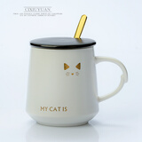 瓷秀源马克杯带盖带勺牛奶杯子陶瓷创意水杯女咖啡杯欧式情侣杯 小金猫-B款