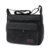 单肩包男帆布包男斜跨包休闲旅游包学院复古大容量横款单肩包斜挎包男士背包 黑色