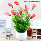 花艺赫家饰仿真花郁金香塑料花小盆栽室内家居餐桌摆件客厅办公桌装饰假花 粉色玉兰苞+白色花瓶套装