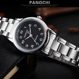 鹏志手表女士进口机芯石英表大数字精准走时中老年人全钢带防水男表 钢带黑盘(女款)