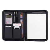 朗捷 商务A4皮质文件夹拉链包 多功能销售夹 销讲资料夹经理夹带计算器 12位太阳能计算器+黑色