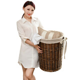 宜然家居藤编脏衣篮衣服篮子收纳筐衣物带盖家用收纳篓 咖色筐+白花麻布 大号（口42cm 高50cm）